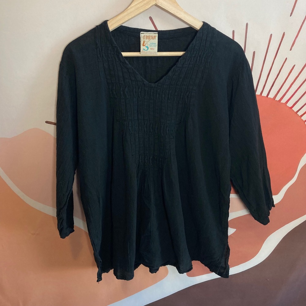 El Interior La Sirena Folk Art Black Cotton‎ Tunic Top Mexico Fairy Cottage core